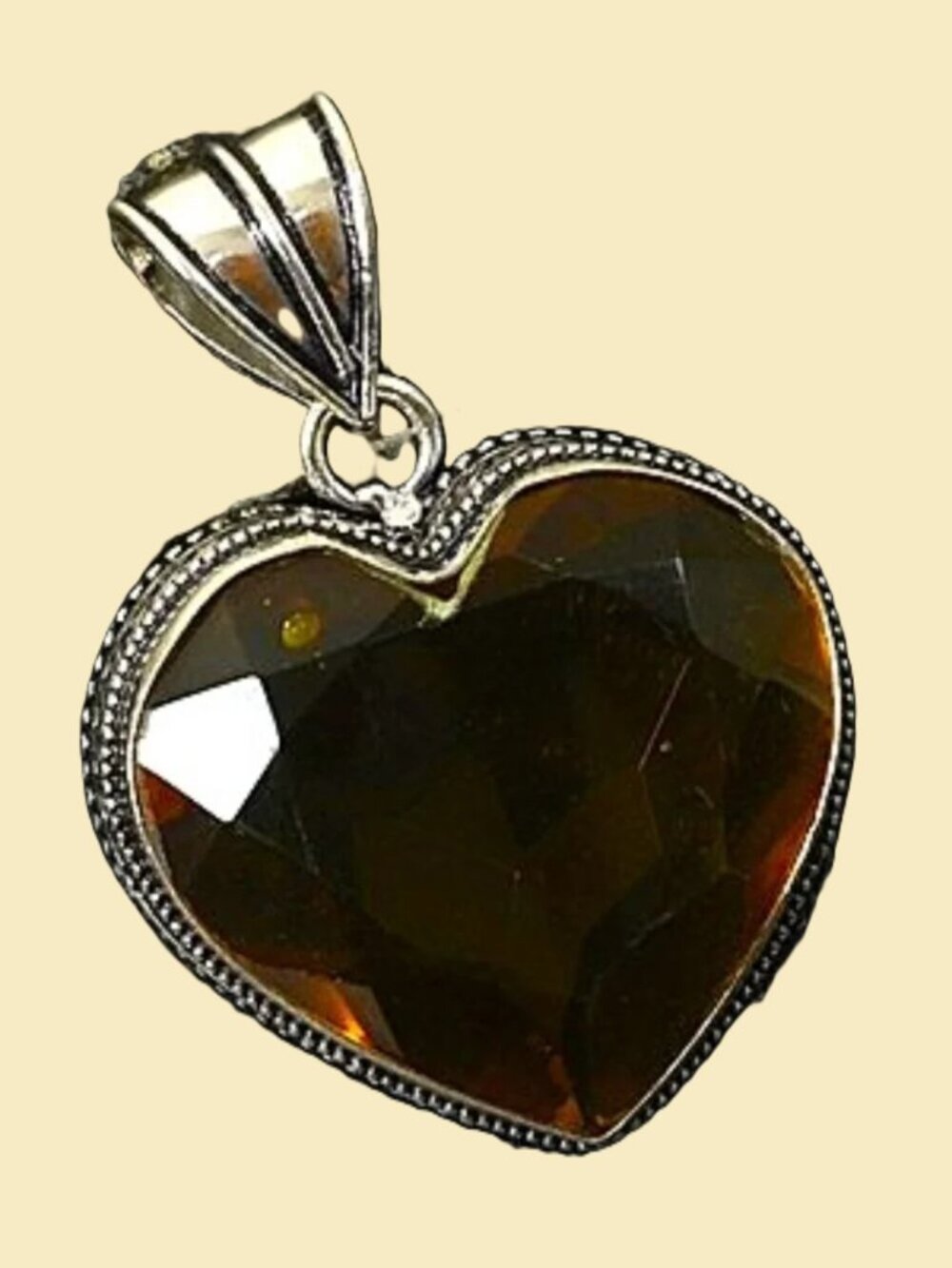 Smoky Quartz Gemstone Sterling Silver Antique Design Heart Pendant